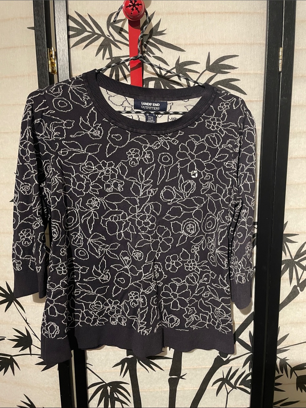Chase Bank Lands' End Navy Crewneck Sweater with White Floral Outline